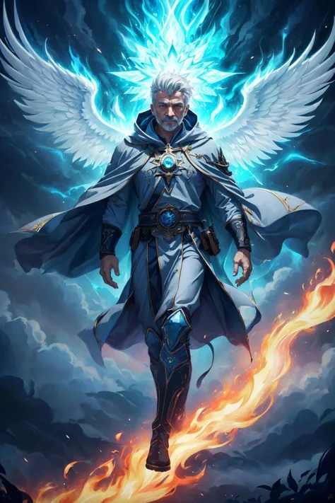 a man with wings and a cape is walking through the sky