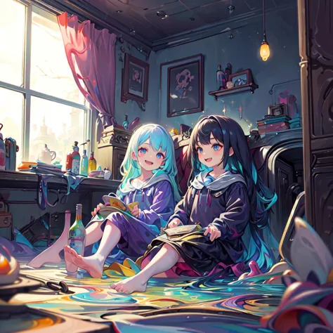 two anime girls sitting on a bed reading a book