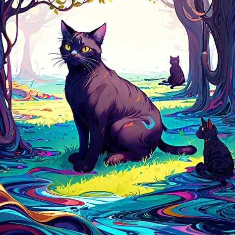 there are two cats sitting in the grass near a stream