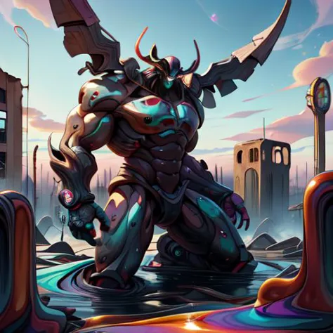 a cartoon image of a giant robot standing in a city