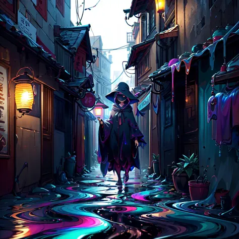 a woman in a hat and cloak walking down a narrow alley