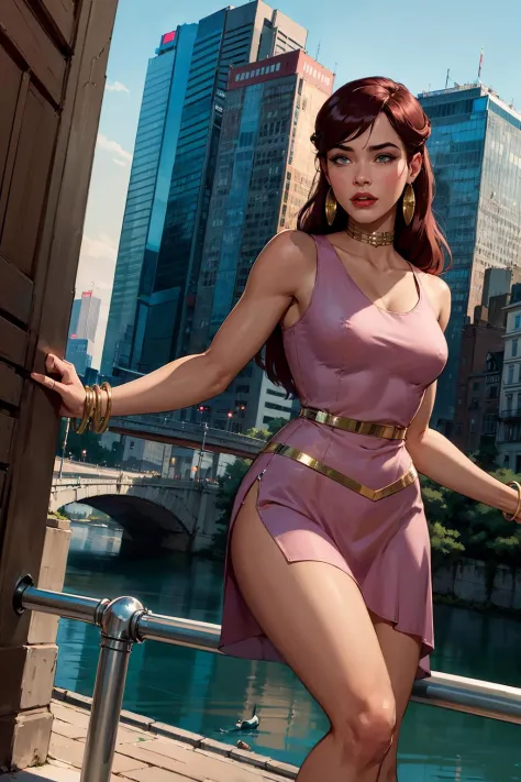 Giganta, pink dress, city in background, masterpiece, best quality, extreme detail, 8k, image sharpness, 