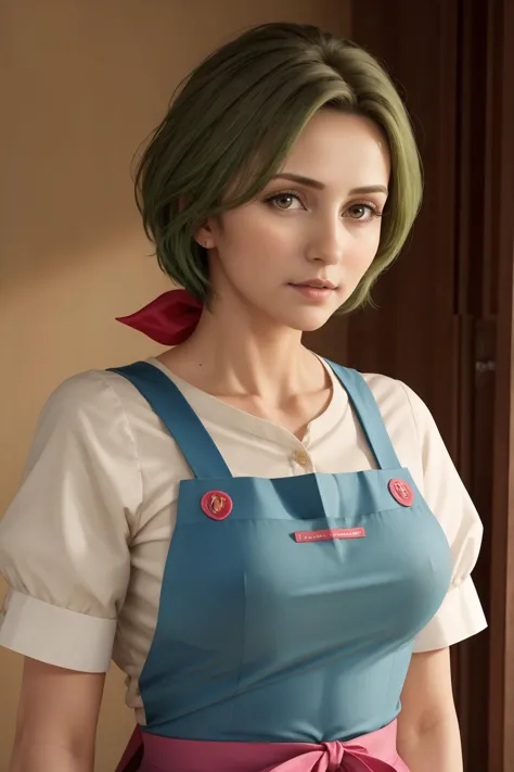 masterpiece, best quality, 1girl, solo, <lora:theresa-snk-richy-v1:0.9> theresa, ribbon, apron, mature female, (green:0.7) hair,...