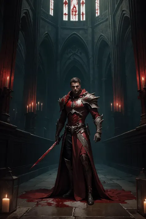 a man in a red robe standing in a dark cathedral