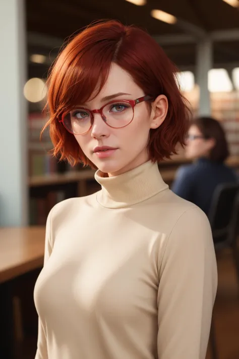 a woman with red hair and glasses standing in a library