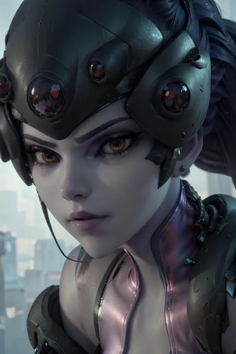 a close up of a woman with a helmet on and a futuristic outfit