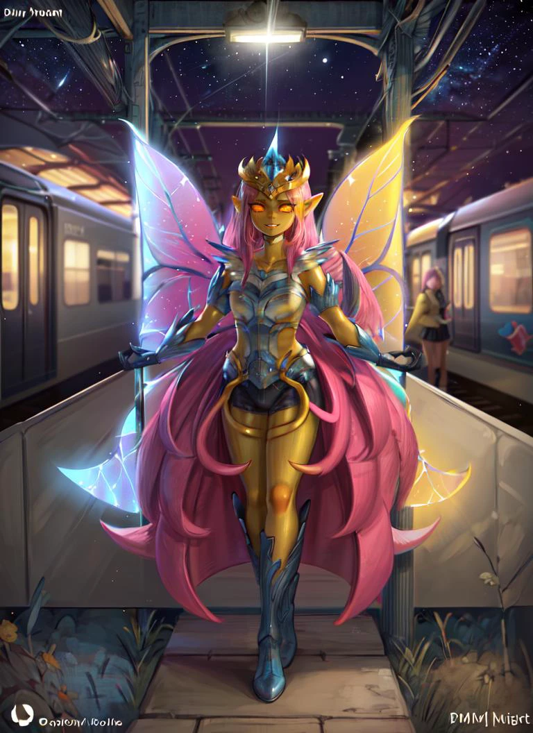 ((best quality)), ((highly detailed)), masterpiece, absurdres, (detailed eyes, deep eyes), (1girl), dynamic pose, full body, empressoflight, pink hair, solid eyes, colored sclerae, yellow eyes, (((glowing eyes))), ((colored skin)), ((yellow skin)), wings, smiling, blue gloves, tiara (at a train station, dusk, shooting star)