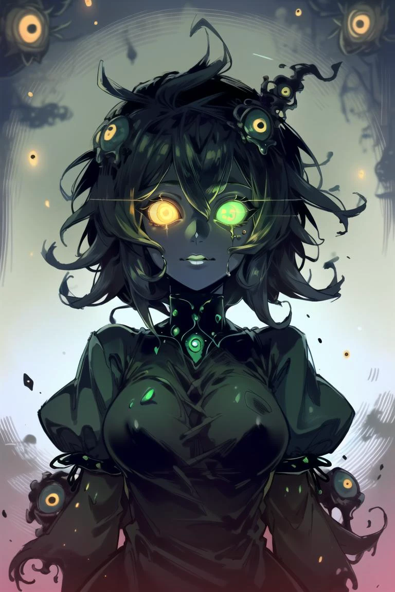 ((best quality)), ((highly detailed)), masterpiece, detailed face, beautiful face, (detailed eyes, deep eyes), (1girl), upper body, ((puffy short sleeves)), ((shoggoth)), maid, body horror, tentacles, ((extra eyes)), glowing eyes, Islamic green colored eyes, (colored skin), (grey colored skin), glowing portal, lovecraftian, solid eyes, colored sclerae, (at a pumpkin patch, autumn_leaves), insanevoid, glowing, heterochromia