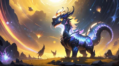 a dragon with glowing wings standing in front of a bright sky