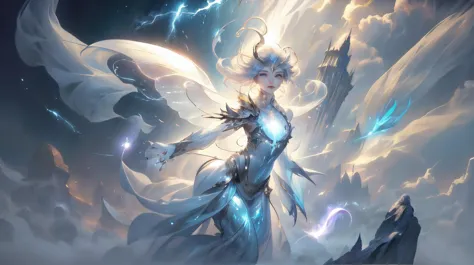 a woman with white hair and wings standing in the sky