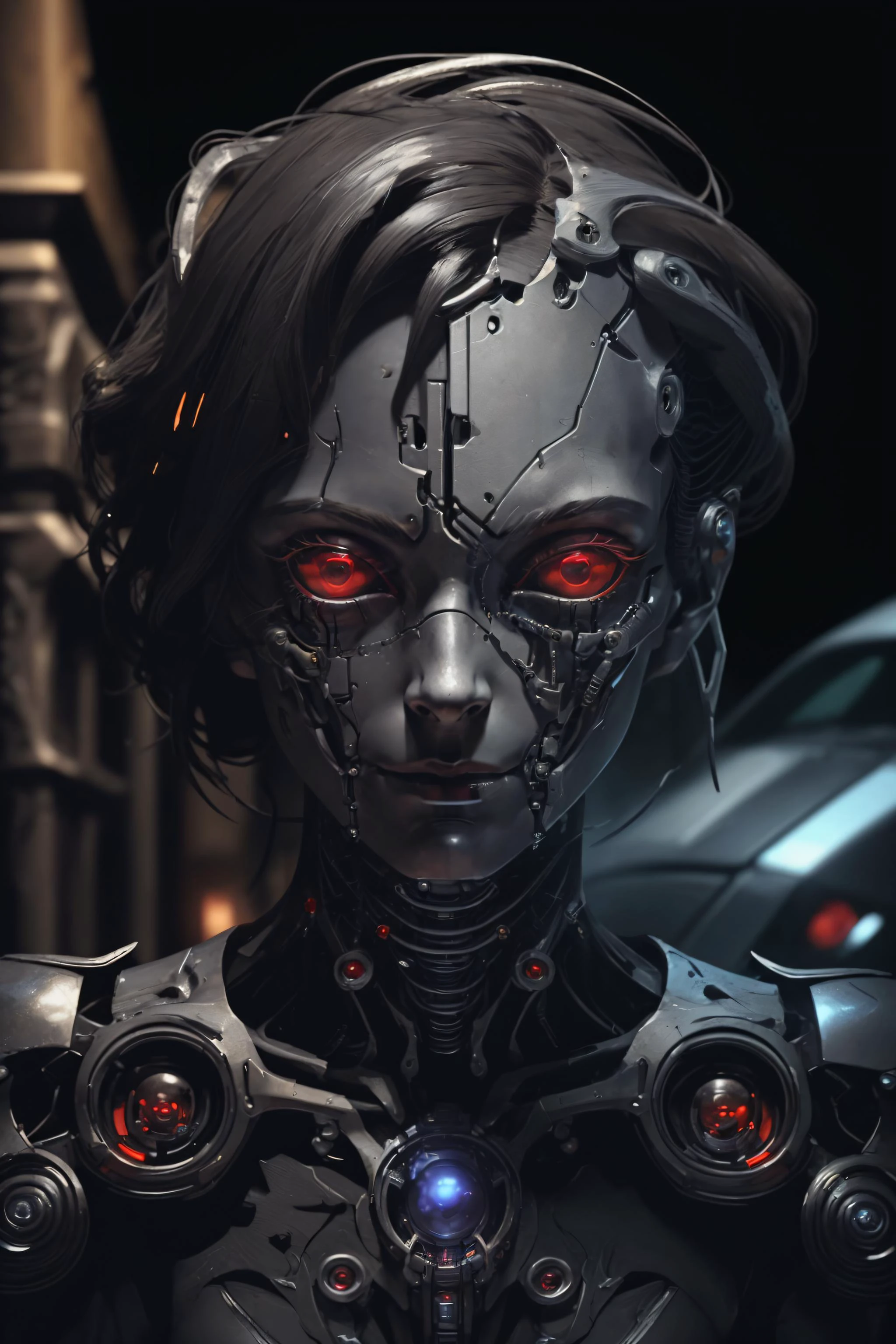 ((best quality)), ((masterpiece)), (detailed),4k, woman, (detailed face), wide eyes, red eyes, cyborg, mechanical parts,solid eyes, colored sclera, reelmech, metal, chrome, ((dark)), dark room,