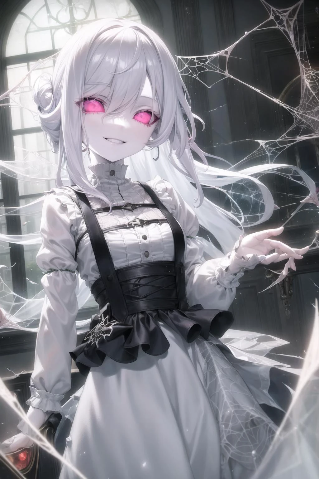 solid eyes, colored sclera, pink eyes, smile, torn clothes, indoors, white skin, pale skin, light blue hair, floating hair, mansion, spider web, ghost, ghost girl, window, rain, broken glass, 