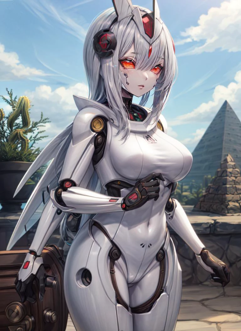 ((best quality)), ((highly detailed)), masterpiece, absurdres, detailed face, beautiful face, (detailed eyes, deep eyes), (1girl), cowboy shot, ((robot_girl)), robot limbs, robot body, (brass_(material)), mechanization, (metal skin:1.33), lights, LEDs, wires, cables, shiny skin, doll-like joints, (abs), (metal hair:1.3), (helmet, covered face, mask, hidden face, orange eyes, solid eyes, colored sclerae, armor, (mechanical_wings:1.2), ExtraArms, extra arms, (at a desert, cacti, pyramid, midday)