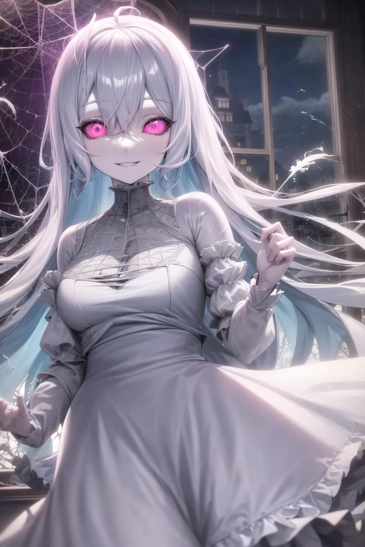 solid eyes, colored sclera, pink eyes, smile, torn clothes, indoors, white skin, pale skin, light blue hair, floating hair, mansion, spider web, ghost, ghost girl, window, rain, broken glass, 