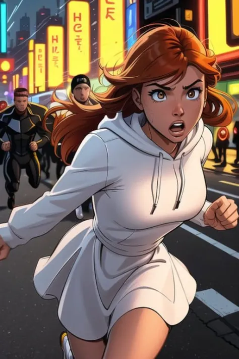 Close up image of 2 subjects, 1girl with auburn colored hair, wearing long sleeve white dress with hood, (running towards camera), (woman looks scared), frightened, running for her life, running away from man wearing armor, getting grabbed by man, down a dirty city alley, futuristic city at (night:1.4), blue and yellow neon signs, chase scene, action scene, thick outlines, comic book style, dynamic camera angle, realistic skin, realistic hands, perfect hands, action lines, motion blur background