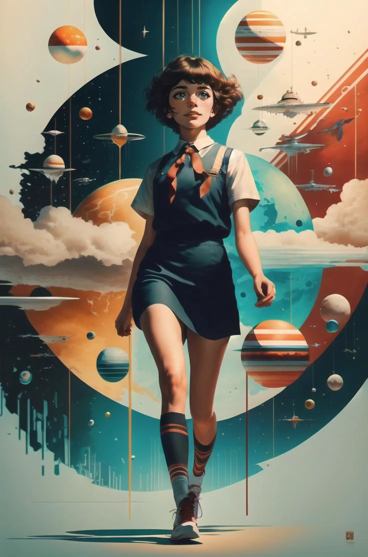 Masterpiece , minimalistic poster art, digital painting, (happy colorful epic:1.2), full body, beautiful 20 years old student girl walking in to camera , short brown hair, blue eyes, long black dress , red scout tie, (masterpiece art  background:1), CCDDA Artstyle, soviet retrofuturism, communism, utopia, human progress, spaceships, distant planets, stars,  highly detailed, 
