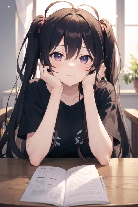 1girl, casual clothes, t-shirt, twintails, long hair, short sleeves, head rest, indoors, sitting, hand on own cheek, table