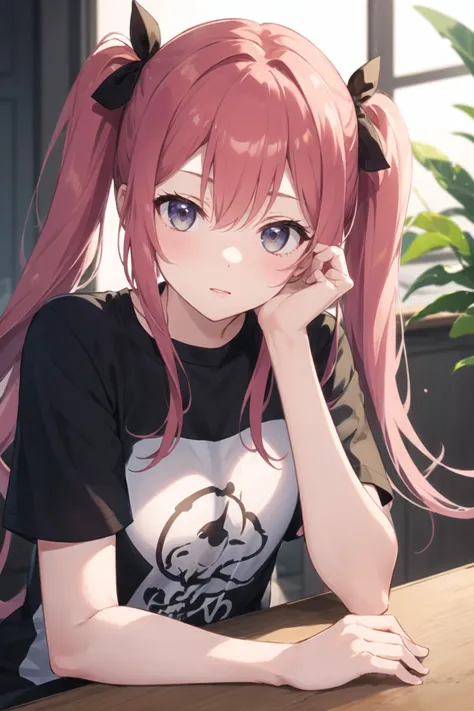 1girl, casual clothes, t-shirt, twintails, long hair, short sleeves, head rest, indoors, sitting, hand on own cheek, table