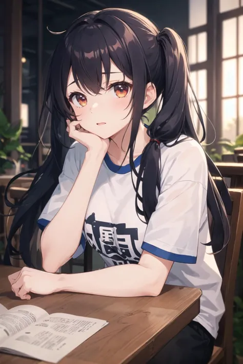 1girl, casual clothes, t-shirt, twintails, long hair, short sleeves, head rest, indoors, sitting, hand on own cheek, table