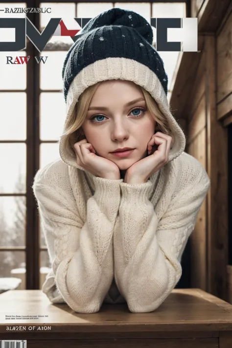 (8k, RAW photo, best quality, masterpiece:1.2), (realistic, photo-realistic:1.37),  <lora:skin_tone_slider_v1:-2>, (magazine cover:1.5), blonde hair, winter attire, hood, indoor,