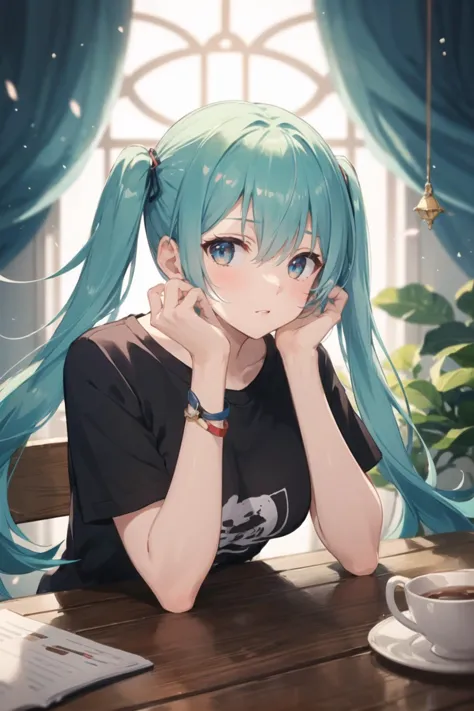 1girl, casual clothes, t-shirt, twintails, long hair, short sleeves, head rest, indoors, sitting, hand on own cheek, table