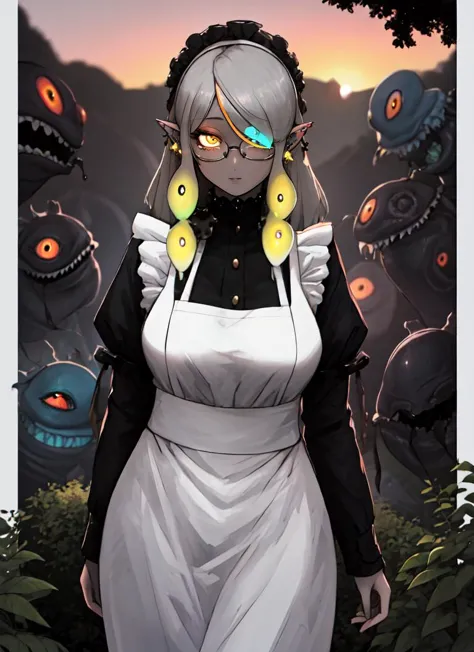 ((best quality)), ((highly detailed)), absurdres, detailed face, beautiful face, (detailed eyes, deep eyes), (1girl), (glasses), cowboy shot, ((ear piercing)), <lora:aiomonstergirls_loraLocon:.4>, (((shoggoth))), maid, body horror, (tentacles), ((extra eye...
