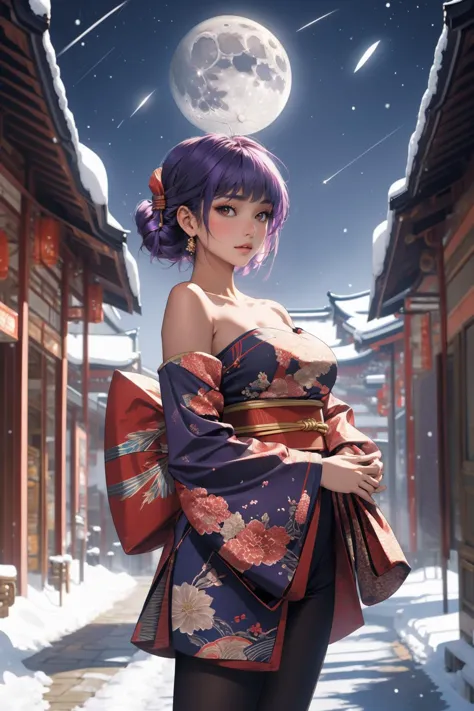 masterpiece, best quality,  <lora:doaayane-nvwls-v1-000009:0.9> doaAyane, headband, purple kimono, bare shoulders, obi, detached...