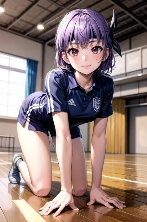 anime girl in a blue shirt crouching on a wooden floor