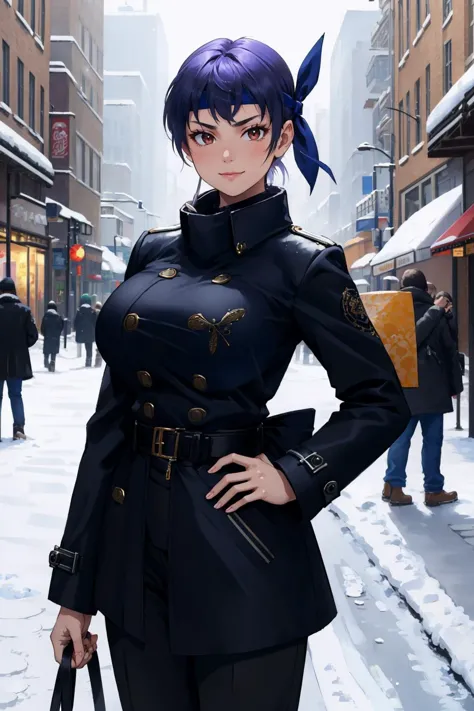 anime girl in a black coat and blue hair standing in a snowy street