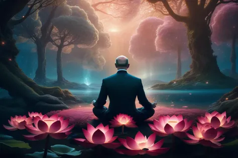 cinematic film still Mysterious, fantasy, illustration: Putin meditates in a garden filled with levitating lotus flowers. Cosmic energies are drawn to him, creating an orbit of protective light that repels approaching darkness, swirling lights, light particles, (from: Glowing mushrooms|Fiery crystals|0.6|Bioluminescent corals|0.4:0.952), bioluminescence, radioactive, <lora:sdxl_photorealistic_slider_v1:1>, (masterpiece,best quality:1.5) . shallow depth of field, vignette, highly detailed, high budget, bokeh, cinemascope, moody, epic, gorgeous, film grain, grainy