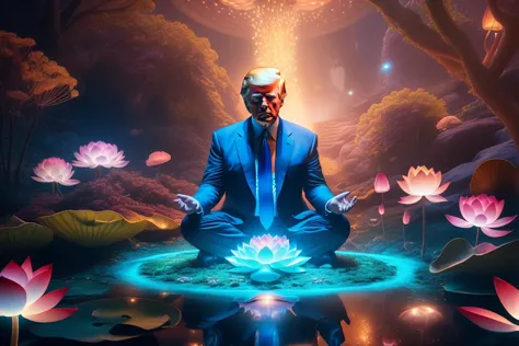 Kinofilm noch geheimnisvoll, Fantasie, Illustration: Donald Trump meditiert in einem Garten voller schwebender Lotusblumen. Kosmische Energien werden von ihm angezogen, Erzeugen einer Umlaufbahn aus schützendem Licht, das die nahende Dunkelheit abwehrt, wirbelnde Lichter, Lichtteilchen, (aus: leuchtende Pilze|Feurige Kristalle|0.6|Biolumineszierende Korallen|0.4:0.952), Biolumineszenz, radioaktiv, (Meisterwerk,beste Qualität:1.5) . geringe Schärfentiefe, vignette, sehr detailliert, Hohes Budget, bokeh, Cinemascope, Launisch, Epos, wunderschön, Filmkorn, körnig