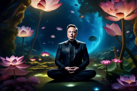 cinematic film still Mysterious, fantasy, illustration: Elon Musk meditates in a garden filled with levitating lotus flowers. Cosmic energies are drawn to him, creating an orbit of protective light that repels approaching darkness, swirling lights, light particles, (from: Glowing mushrooms|Fiery crystals|0.6|Bioluminescent corals|0.4:0.952), bioluminescence, radioactive, <lora:sdxl_photorealistic_slider_v1:1>, (masterpiece,best quality:1.5) . shallow depth of field, vignette, highly detailed, high budget, bokeh, cinemascope, moody, epic, gorgeous, film grain, grainy