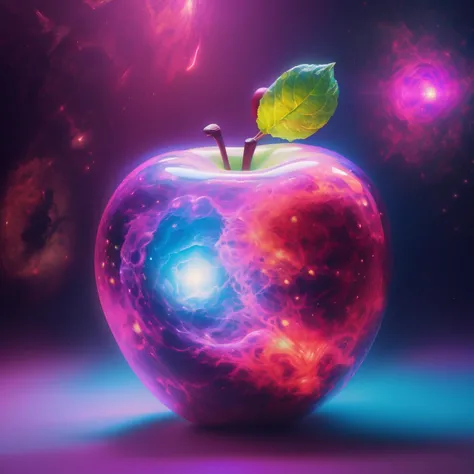 a photo of a beautiful nebula with a huge psychedelic glass apple, lit by a glowing neon light, surreal, sharp focus, grain effe...