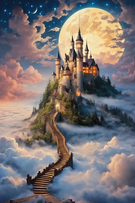 Castle over the clouds, sea of clouds, star filled sky, bright moon,