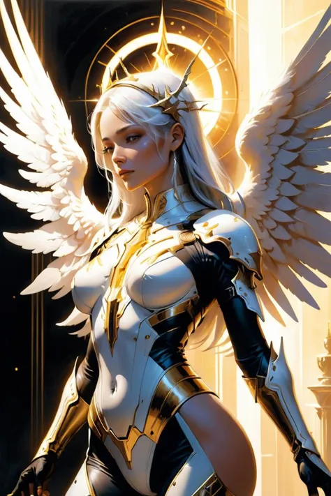 (Imaginative Digital Artwork:1.3) of (Ultra detailed:1.3) ((An angelic being with ethereal wings and a celestial aura. Heavenly ...
