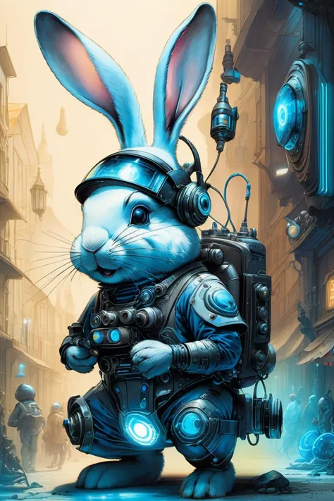 (Watercolor painting) of (art by Jean Ignace Isidore Grandville:1.3) and (art by Jean-Baptiste Monge:1.3) of (The Futuristic Bunny, A bunny with high-tech attire and holographic gadgets. Futuristic blues, holographic accents, and tech-savvy details. Playful and tech-forward:1.3),character focus,  Natural Lighting, Volumetric Lighting, Volumetric Light, Volumetric, absurdres, high resolution, (8k resolution), 8k, 8kres, 8k res, super resolution, ultra hd, megapixel, Establishing Shot, Deep Focus, Hip Level Shot, Quarter Turn Camera Staging, From Front, From Side,