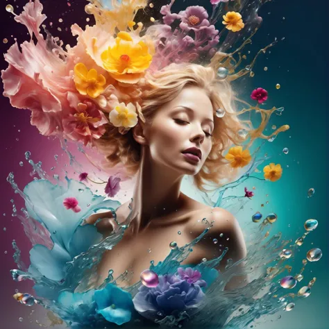 Alberto Seveso Kunst, blonde Frau um die 50 tanzend Silhouette, Wassertinte, Tinte Wasser, ink cloud, Alberto Seveso Kunst, lockerer Malstil, komplizierte Details, filmische Beleuchtung, octane render, 8k render, volumetrische Beleuchtung, Kristall, Galaxy, TRANSPARENT, vom Wind verwehte Blumen, Glitter, funkeln, brillant, bunt, magische Fotografie, dramatische Beleuchtung, heller Hintergrund, Realistisches Foto, Super detailliert, 4k, Hohe Auflösung, superfein scharf, gute Qualität, künstlerisch, einzigartig, umgeben von Wasserpflanzen aus Perlmutt mit exquisiten Details