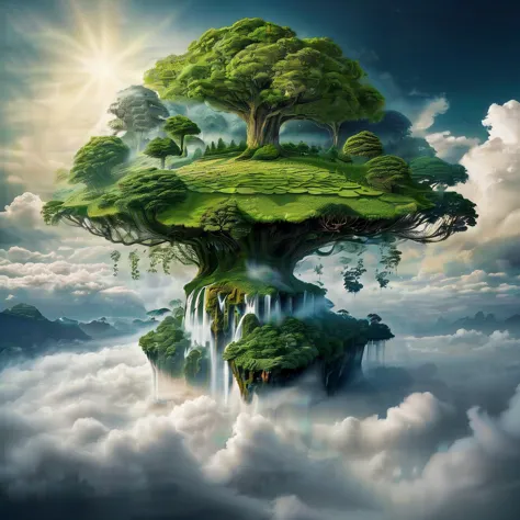 Imagine a world where trees grow in the clouds and the ocean is in the sky, and waterfalls fall into the clouds,

fantasy art,