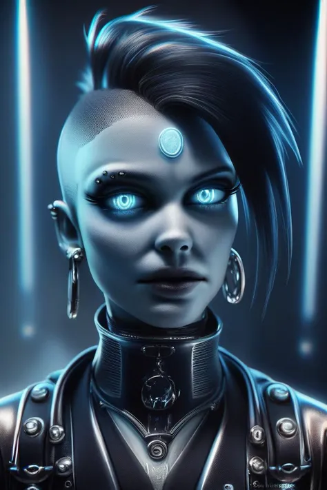 a woman with blue eyes and piercings in a futuristic outfit