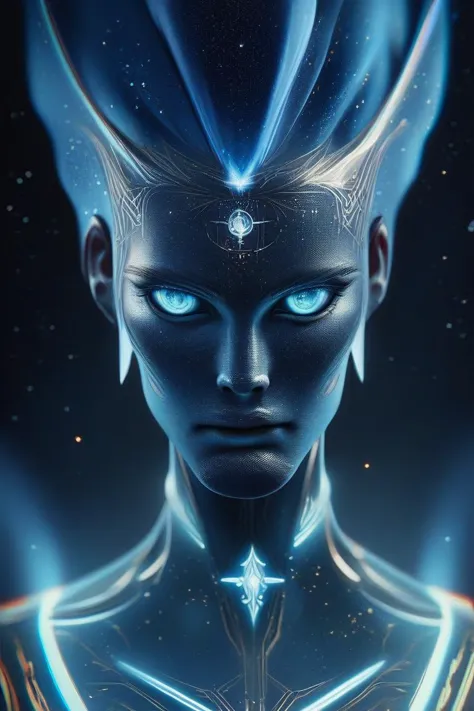 a close up of a person with a futuristic head and blue eyes