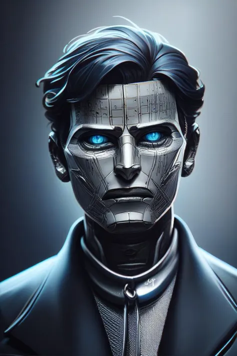 a close up of a person with a futuristic face and a suit