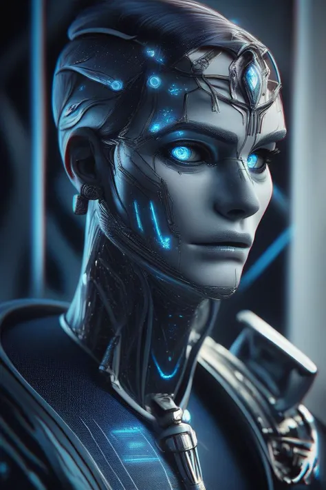 a close up of a person with a futuristic face and a futuristic suit