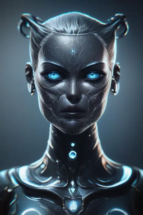 a woman with blue eyes and a futuristic body