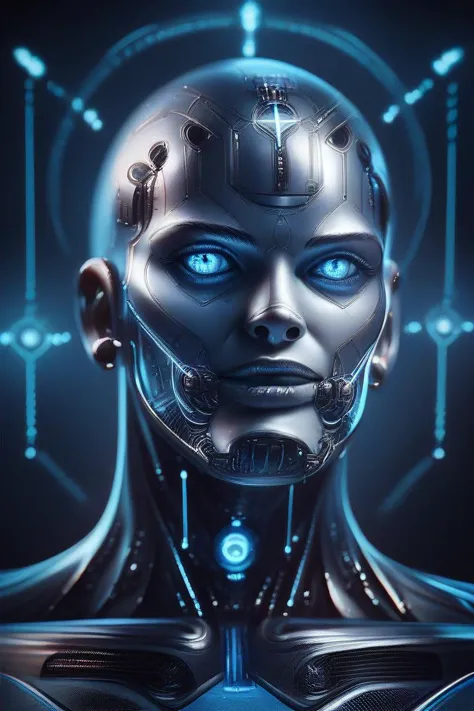 a close up of a robot with blue eyes and a futuristic face