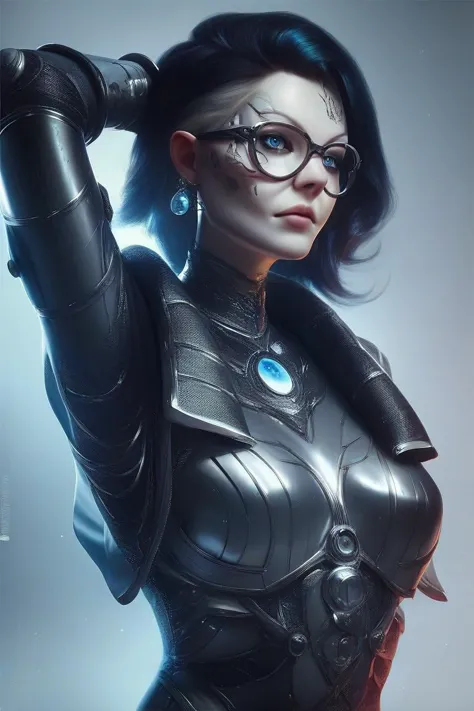 a woman in a black leather outfit and glasses holding a gun