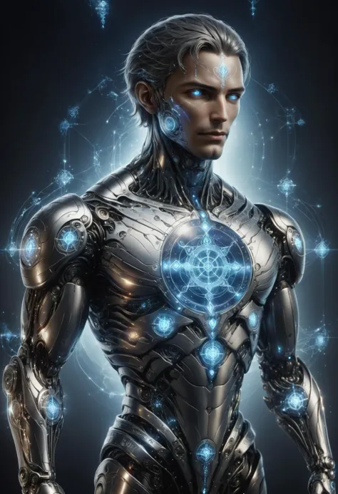 a man in a futuristic suit with glowing blue lights