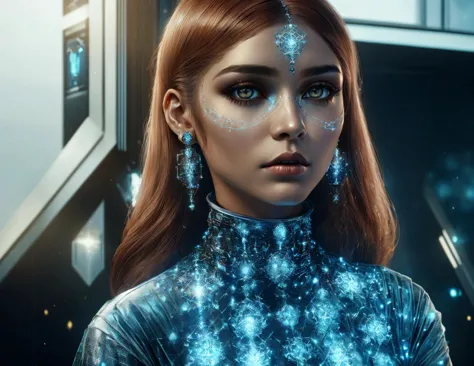 a close up of a woman with blue makeup and a futuristic outfit