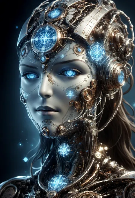 a woman with blue eyes and a futuristic headpiece