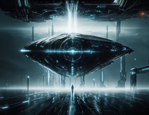 a man standing in front of a futuristic spaceship in a dark room