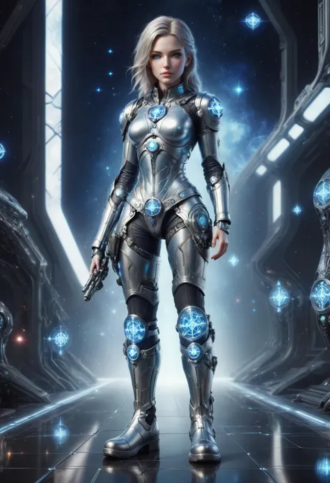 a woman in a futuristic suit standing in a space station